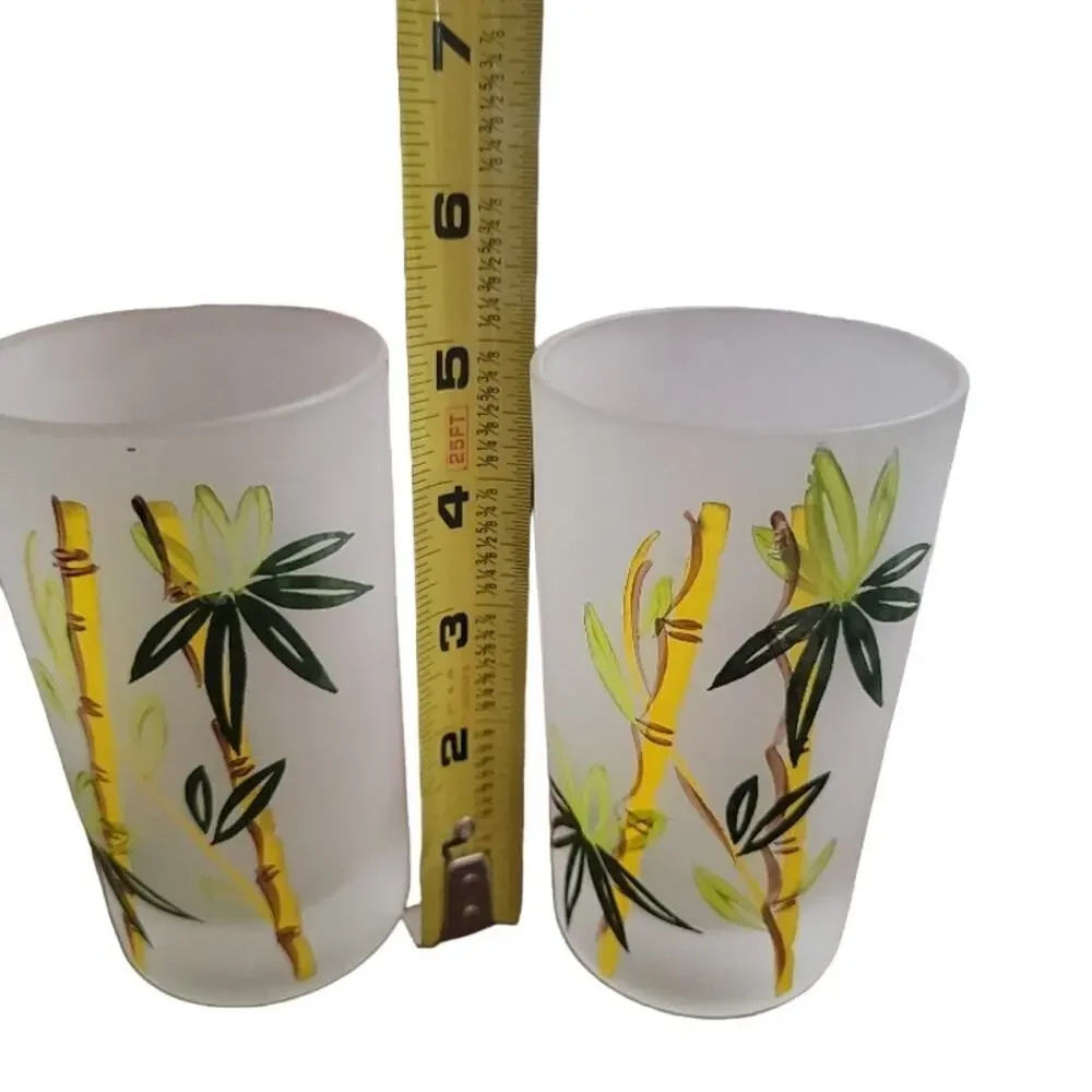 MCM Frosted Glassware Set‎ of 5 8 oz Tropical Bamboo Theme Green Yellow